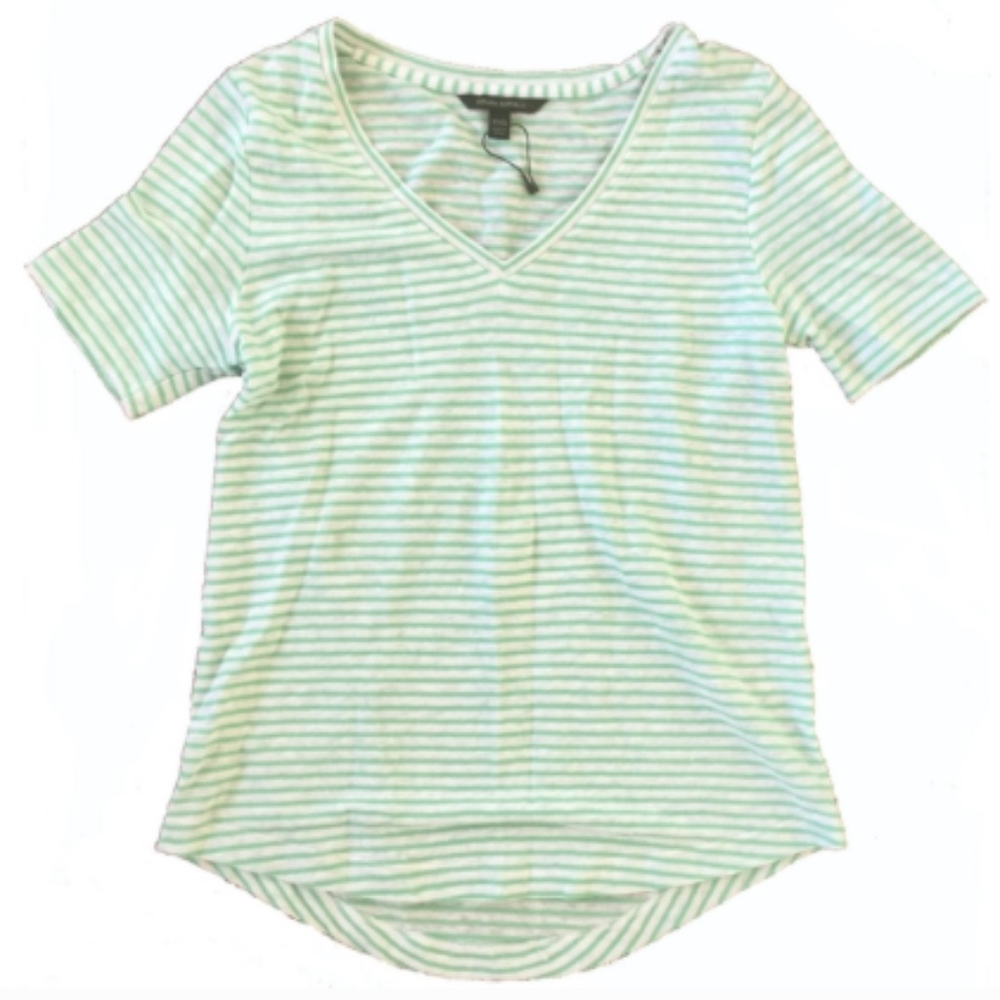 Banana Republic V-Neck Linen Green Stripe Tee XXS